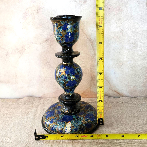 Hand Painted Blue & Gold Floral with White Bird Wooden Candlestick Holder 7.75" - Picture 10 of 10